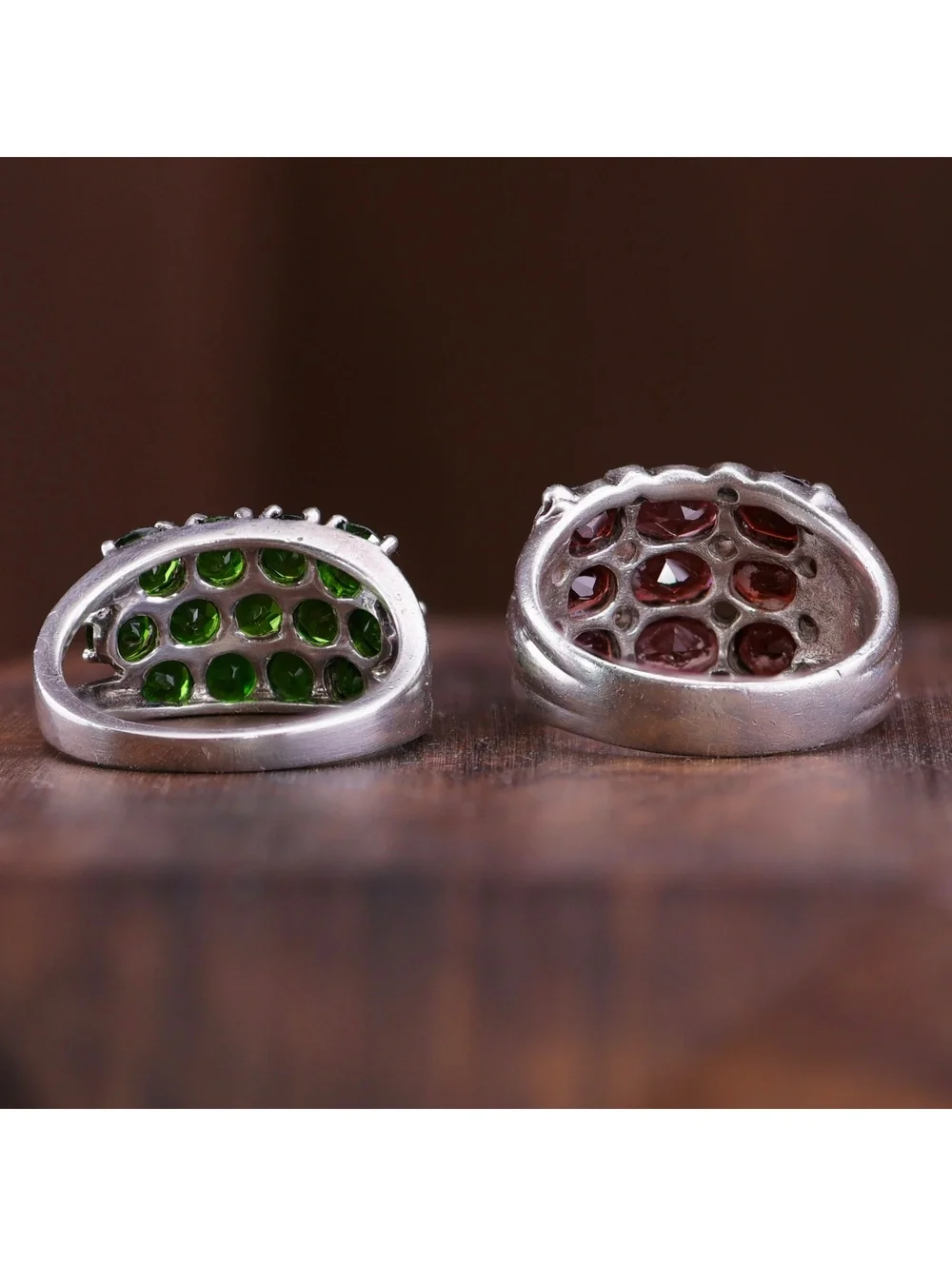 Two Sterling Cluster Statement Rings Deep Red Garnet & Forest Green Diopside 7